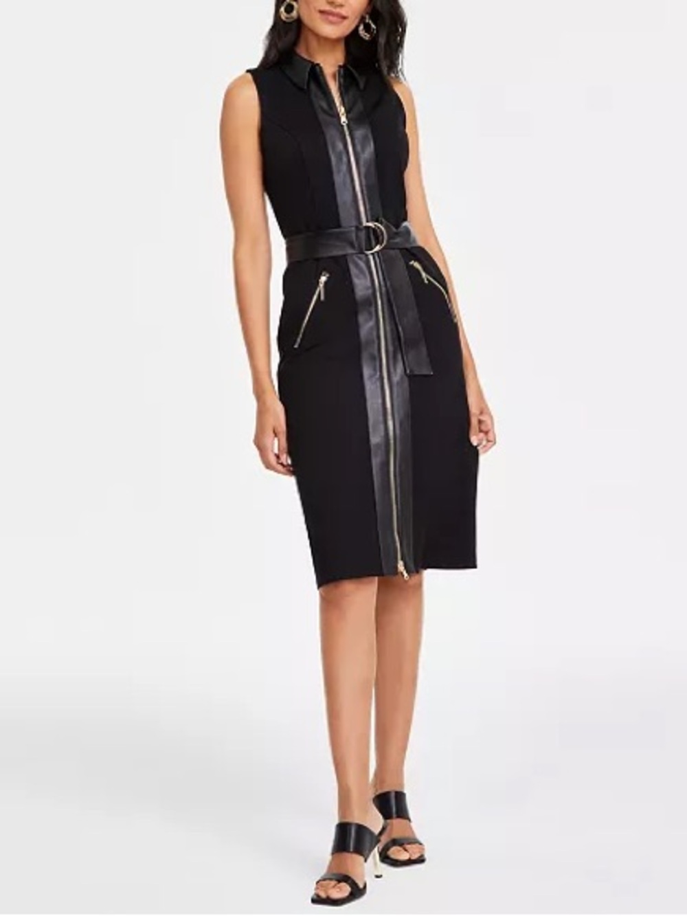 INC International Concepts Black Zip-Front Faux Leather Trim Dress Sz 6 NWT